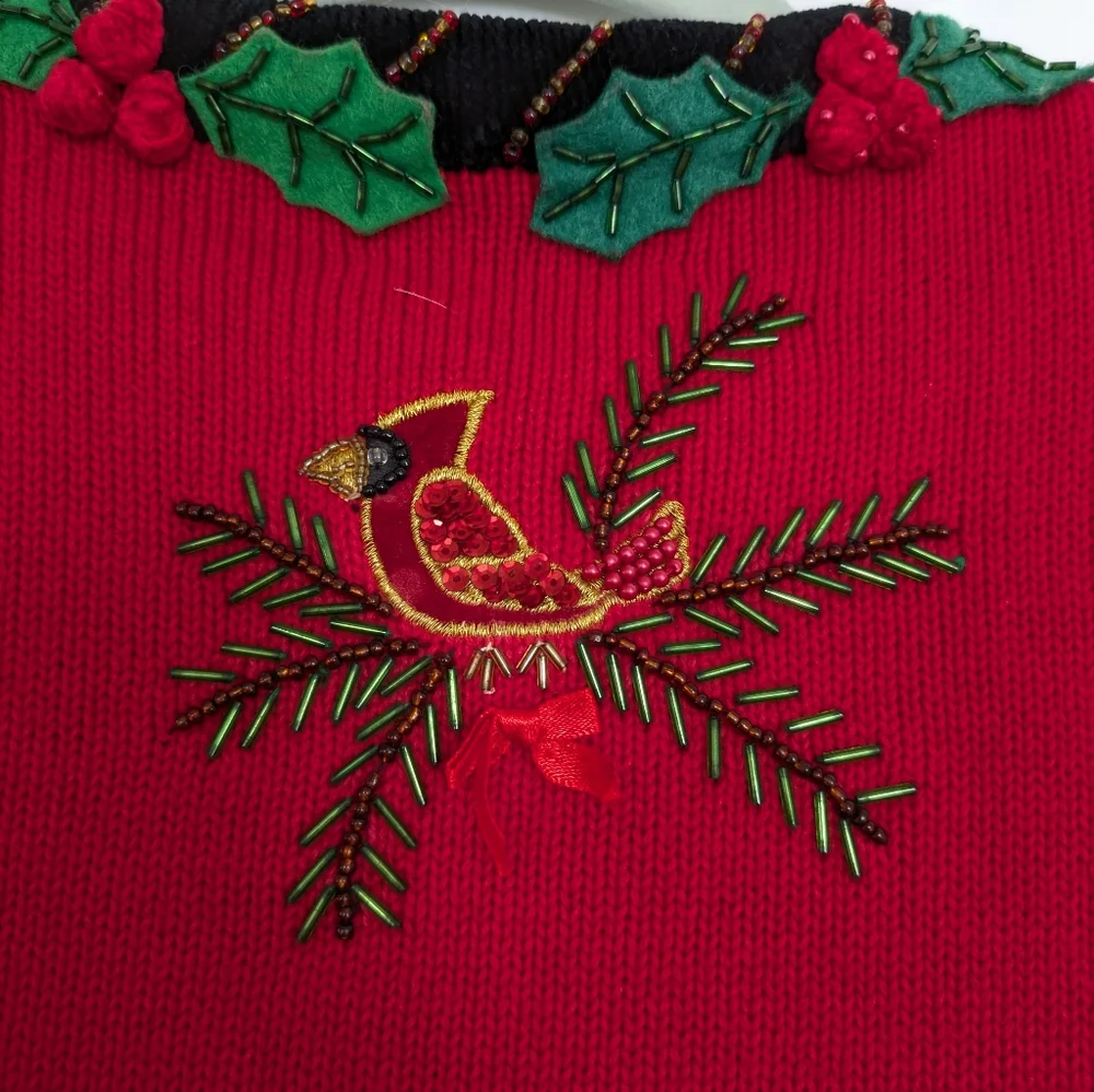 Vintage Berek Womens Red Christmas Sweater M Snowman Beaded Sequin Statement M - Picture 5 of 11